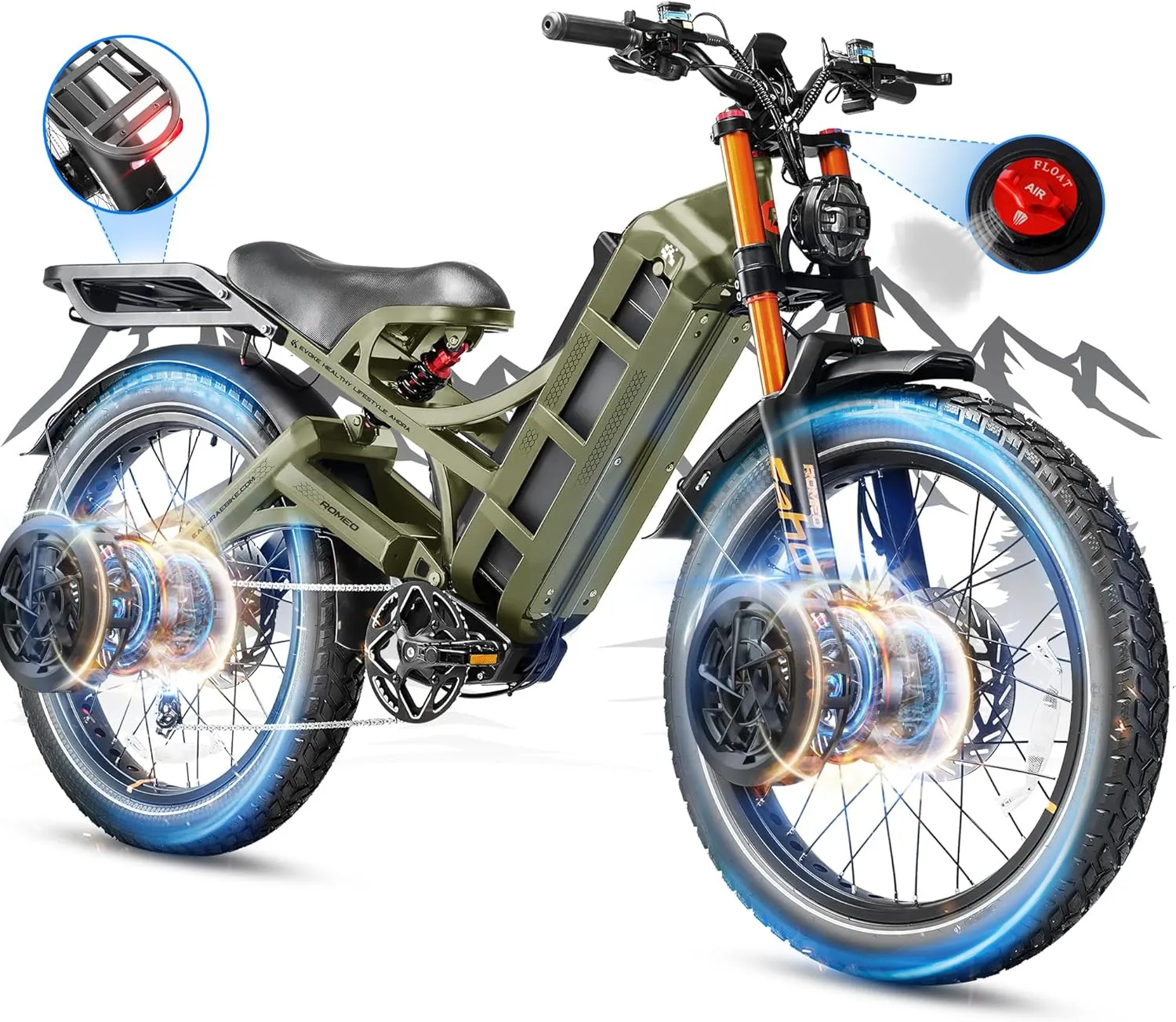 2025 Romeo Pro 2, 46mph Electric Bike for Adults, 4000W Dual Motor Ebike, 52V 70AH 200 Miles Long Range Ebike, 26 * 4.0" Fat Tire Electric Mountain Bike, Full Suspension, App Control