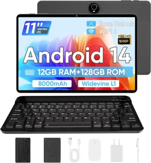 2025 Upgraded Android 14 Tablet,11 inch Android Tablets,12GB 128GB 1TB Expand, Support Face Unlock 18W Fast Charging, Octa-Core, WiFi6, Dual Camera,8000mAh Battery, 2in1 Tablet with Keyboard