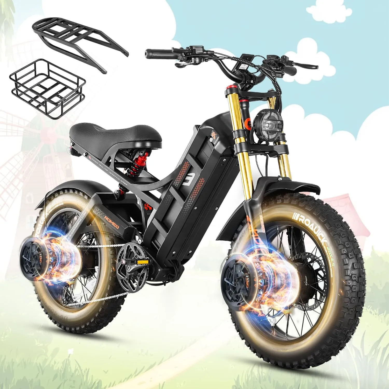 (2025 Version) Eahora Romeo II 2500W 40 MPH Electric Mountain Bike Dual Motor 52V 60AH Battery 200 Miles Long Range Electric Bike for Adults 20"*4.5" Fat Tire Full Suspension Off-Road EBike,UL2849