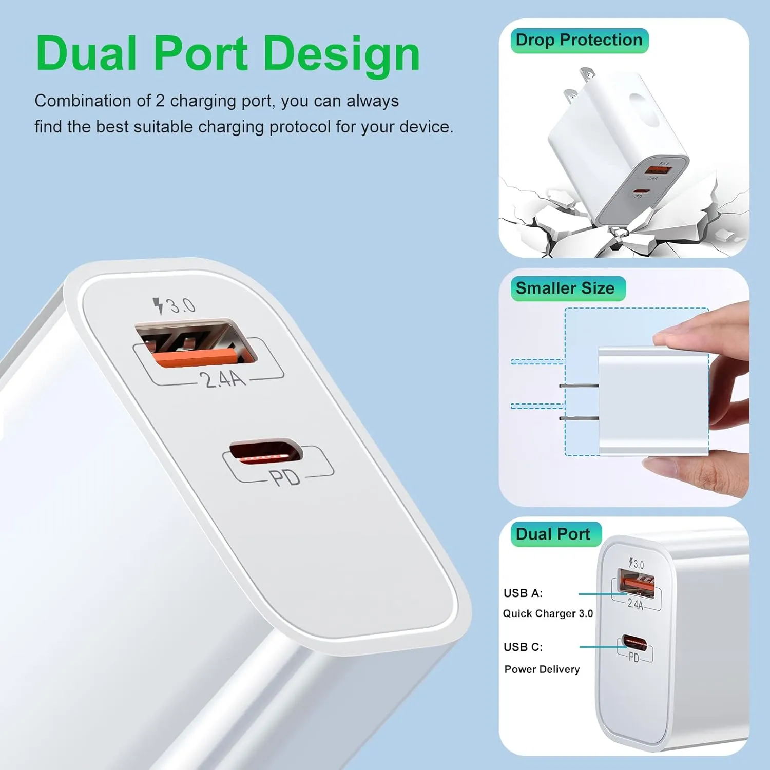 20W USB C Charger Block, Bangfun Dual Port PD 20 Watt Fast Charger Block  Quick Fast Charge 3.0 Type C Charging Block Compatible iPhone 16/15/14/13/12 Pro/11 Pro Max/XR/XS/SE/8/7 Plus,Pad Pro(White)