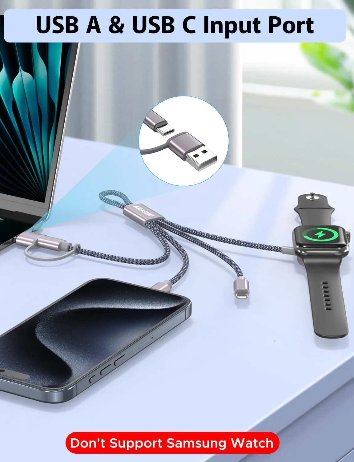 2Pack 8inch Short 3 in 2 USB C Cable for Apple Watch Charger iPhone Charger USB C Multi Fast Charging Cable Compatible with iWatch Ultra/SE/10/9/8/7/6/5/4/3/2/1 & iPhone 16/15/14/13/12/11/Galaxy S23