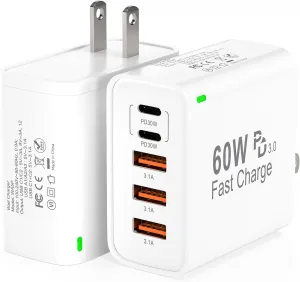 2Pack USB C Fast Charger Block, 60W 5-Port USB C Wall Charger 30W Type C Charging Block, 2USB C 3USB A PPS/PD 3.0 Multiport Charging Cube for iPhone 16 15 14 13 Pro Max,for Galaxy S25 S24 Ultra, i Pad