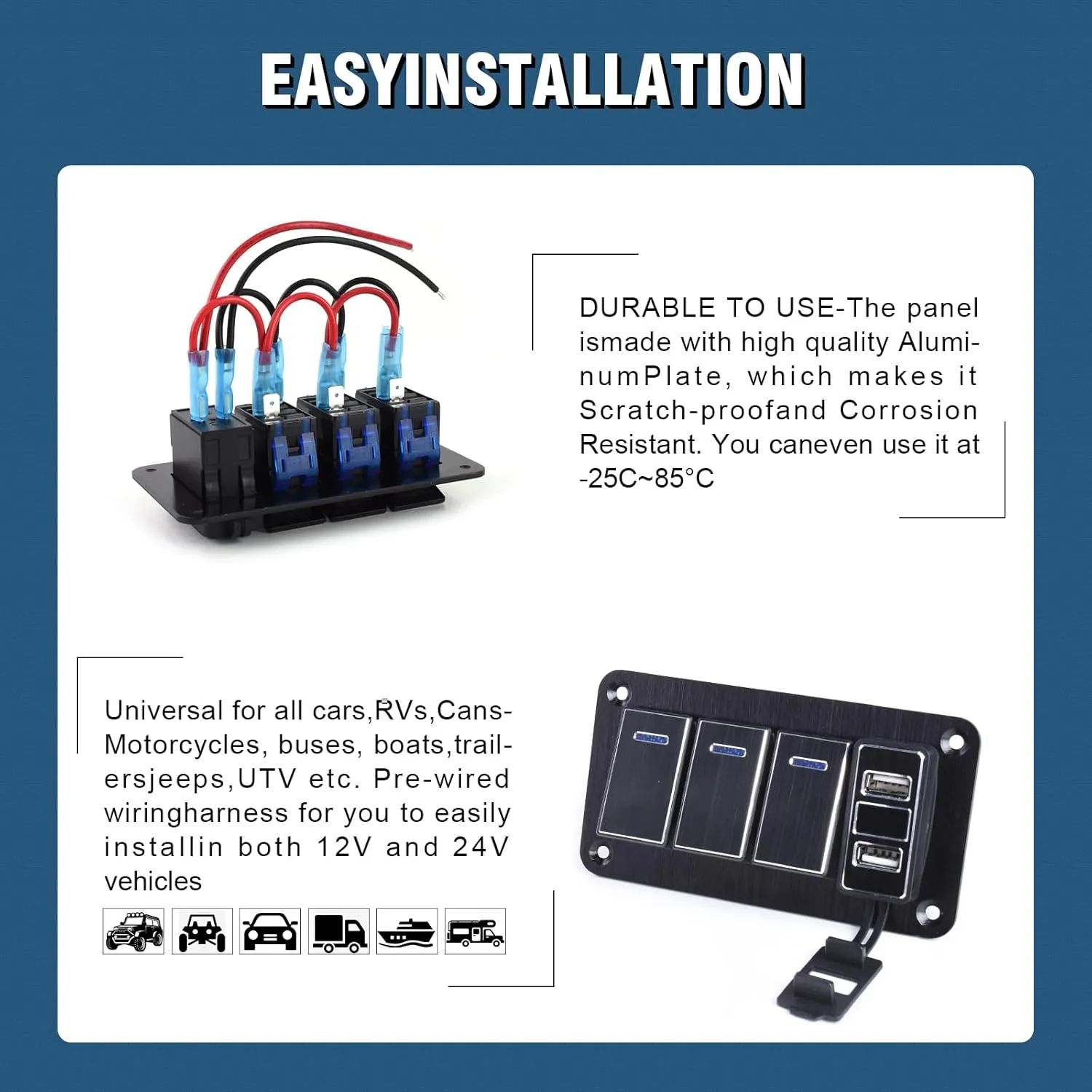 3 Gang Rocker Switch Panel with 4.8 Amp Dual USB Charger Voltmeter Waterproof 12-24v Pre-Wired Rocker Switch for Automotive Car Marine Boat Rv