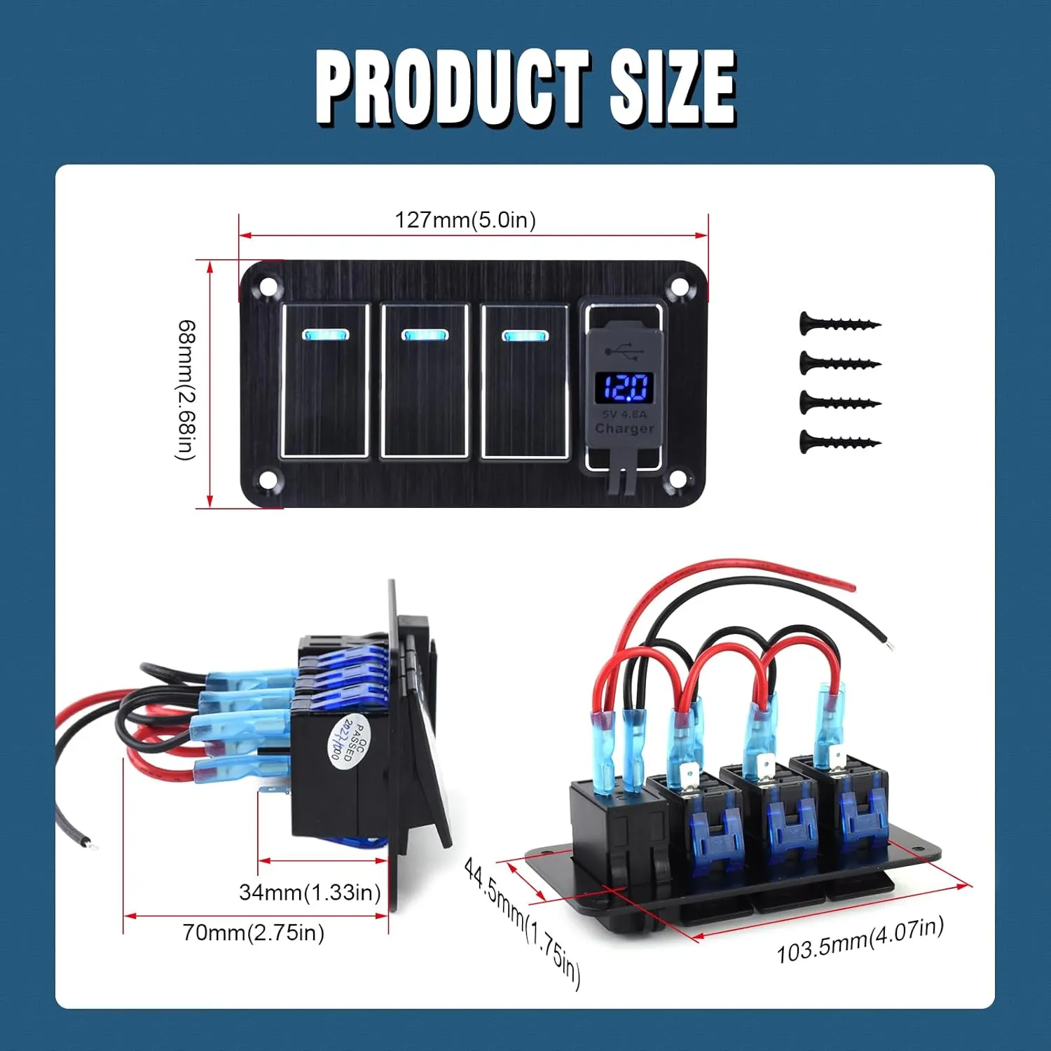 3 Gang Rocker Switch Panel with 4.8 Amp Dual USB Charger Voltmeter Waterproof 12-24v Pre-Wired Rocker Switch for Automotive Car Marine Boat Rv