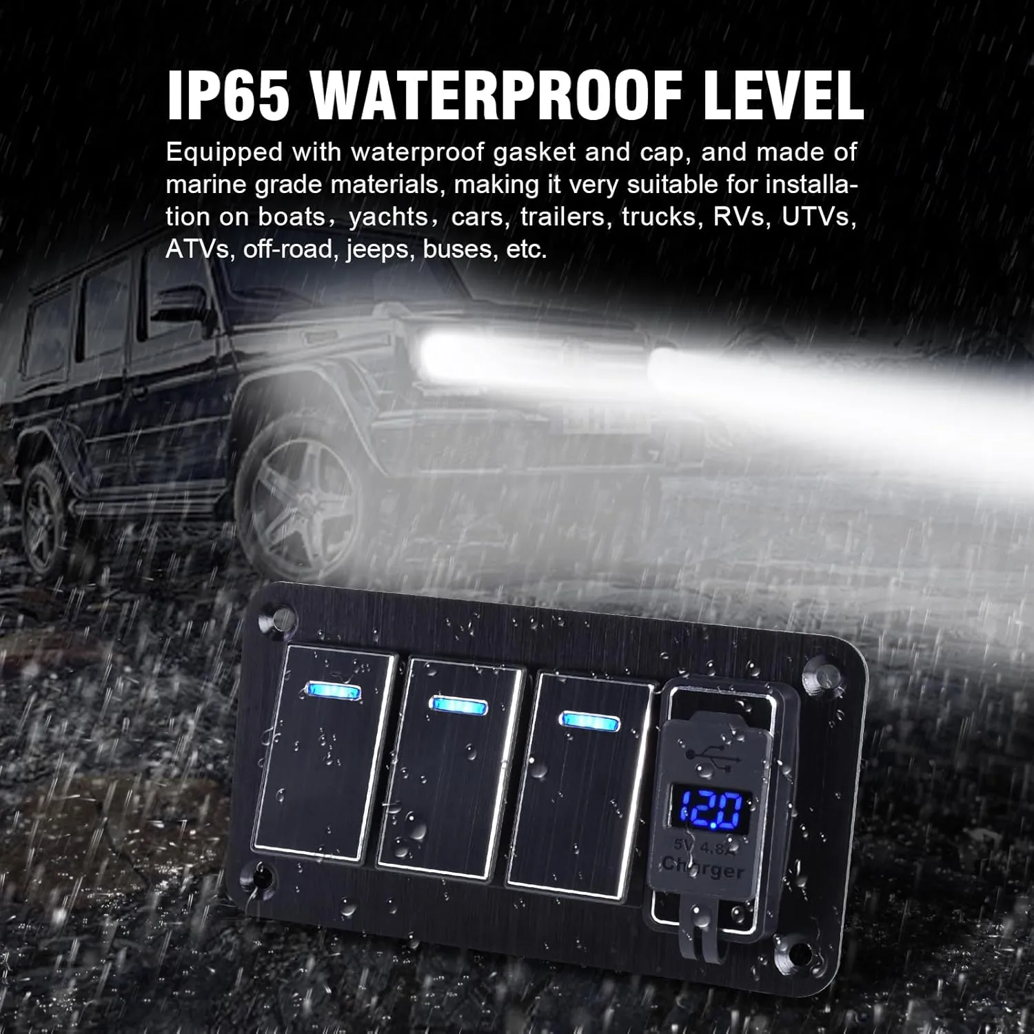 3 Gang Rocker Switch Panel with 4.8 Amp Dual USB Charger Voltmeter Waterproof 12-24v Pre-Wired Rocker Switch for Automotive Car Marine Boat Rv