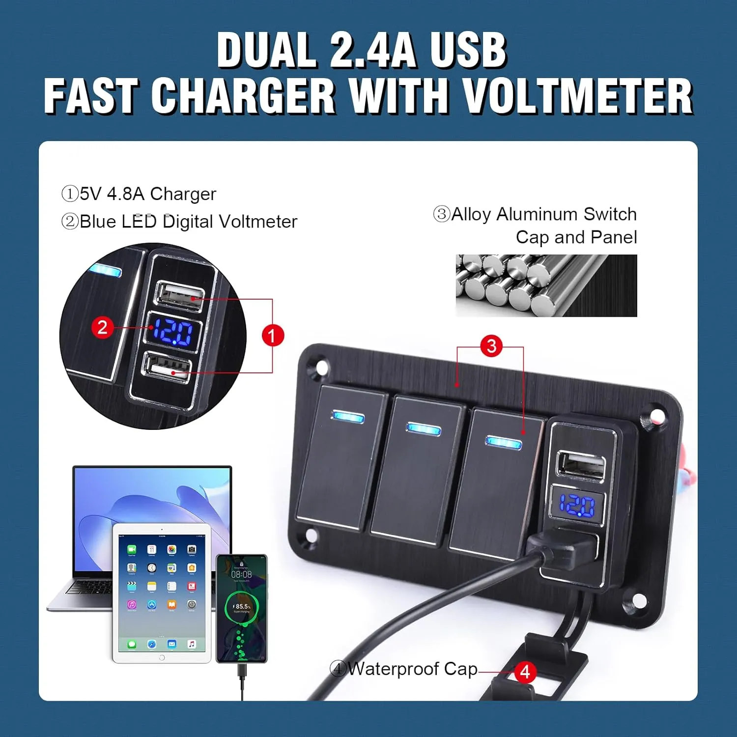 3 Gang Rocker Switch Panel with 4.8 Amp Dual USB Charger Voltmeter Waterproof 12-24v Pre-Wired Rocker Switch for Automotive Car Marine Boat Rv