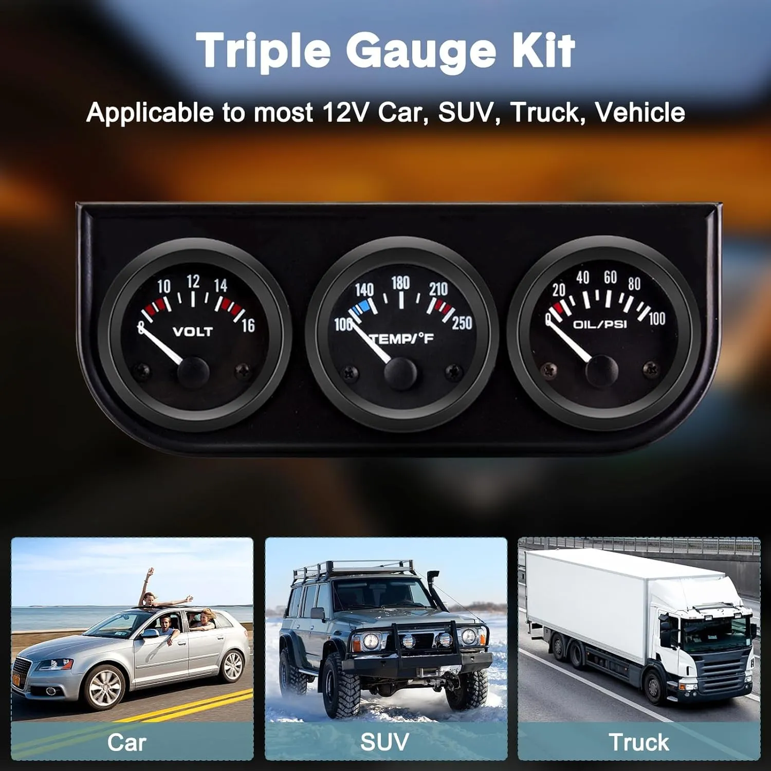 3 in 1 Car Meter - Auto Voltage, Water Temp, Oil Pressure Gauge Kit, 2" Chrome, 12V, 52mm Triple Gauge