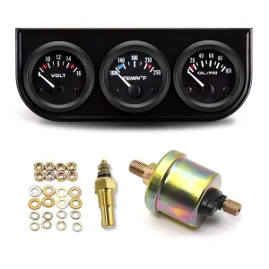 3 in 1 Car Meter - Auto Voltage, Water Temp, Oil Pressure Gauge Kit, 2" Chrome, 12V, 52mm Triple Gauge