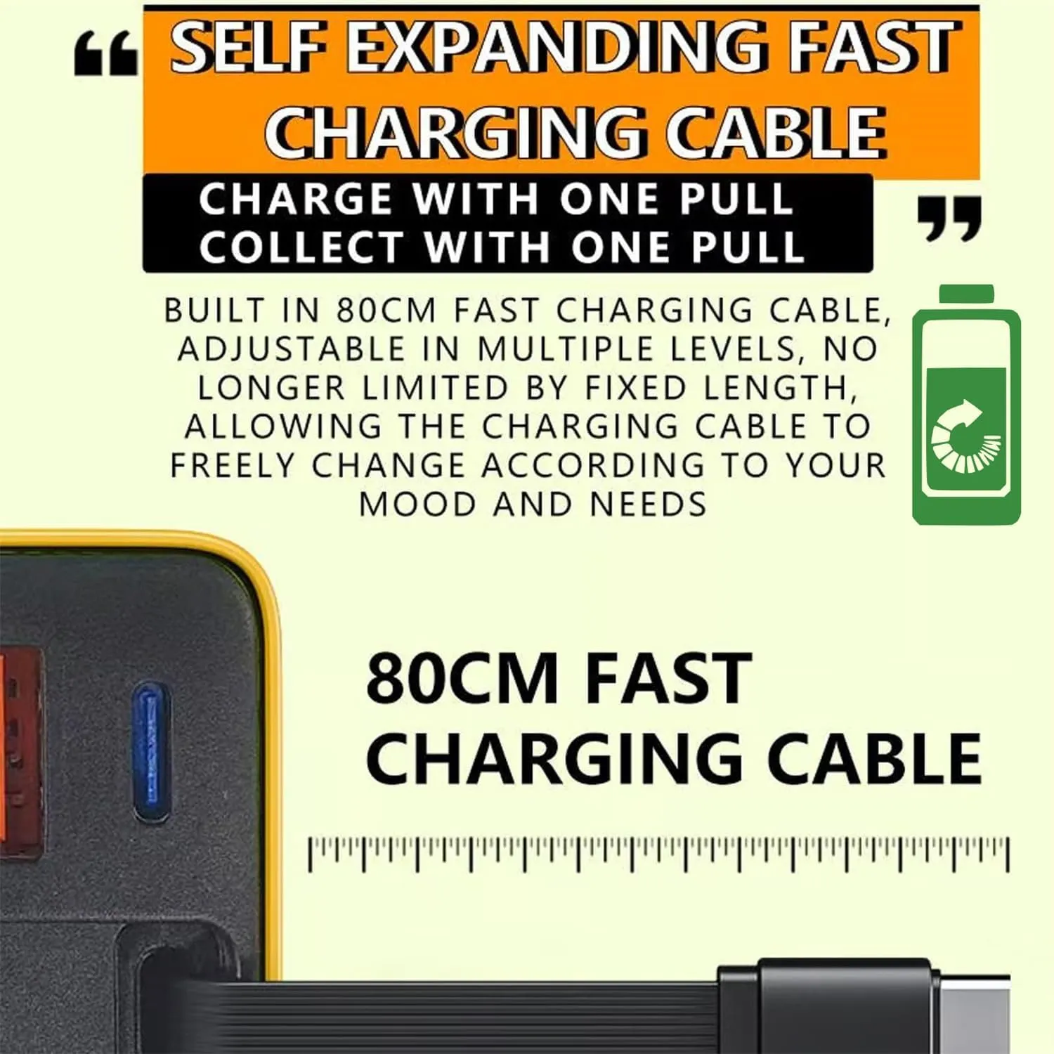 3 in 1 Charger, Scalable 80w Max Fast Charger Module with Type C Cable and 2 USB Ports, Retractable Chargers Wall Plug for Phone, Laptops (Yellow   Green)