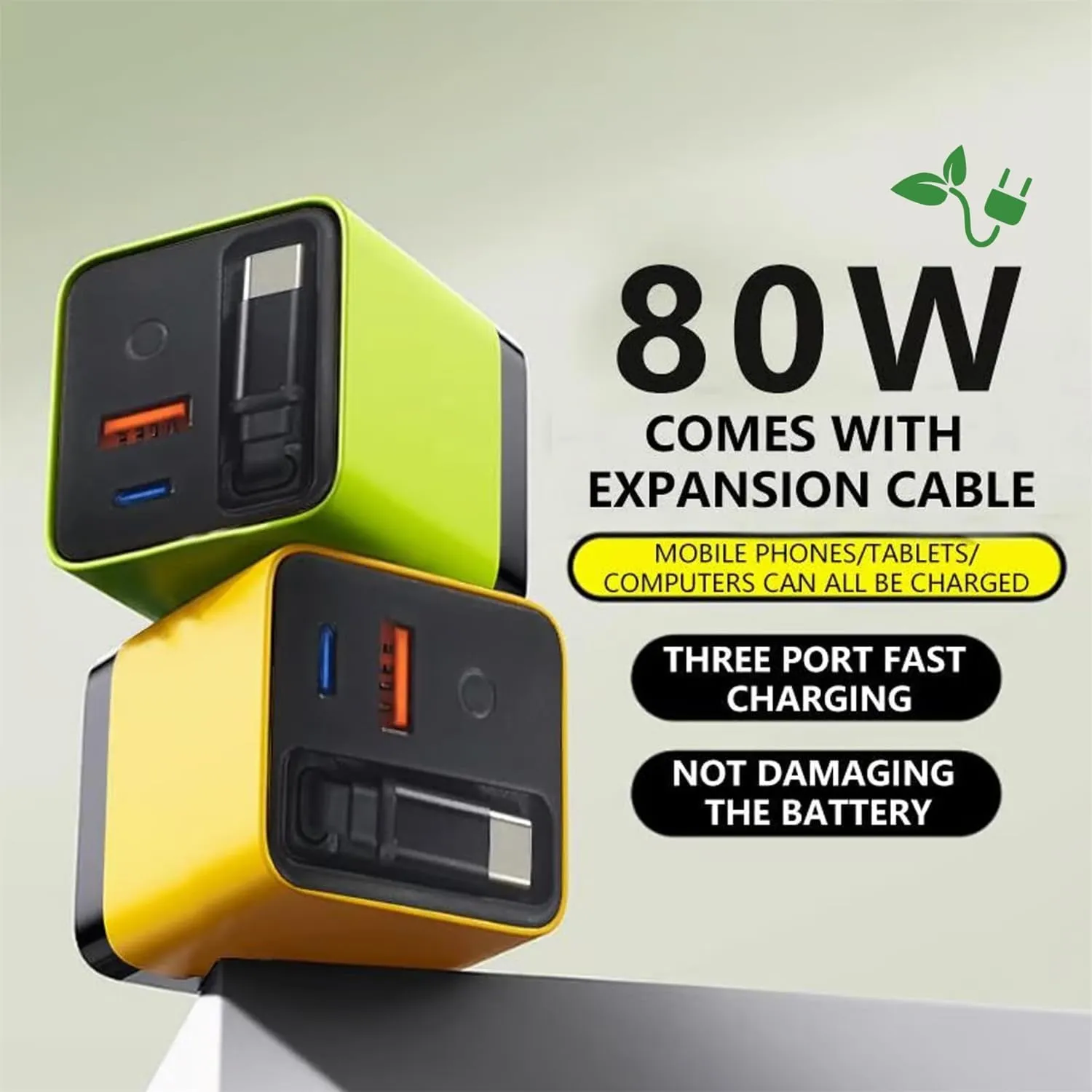 3 in 1 Charger, Scalable 80w Max Fast Charger Module with Type C Cable and 2 USB Ports, Retractable Chargers Wall Plug for Phone, Laptops (Yellow   Green)