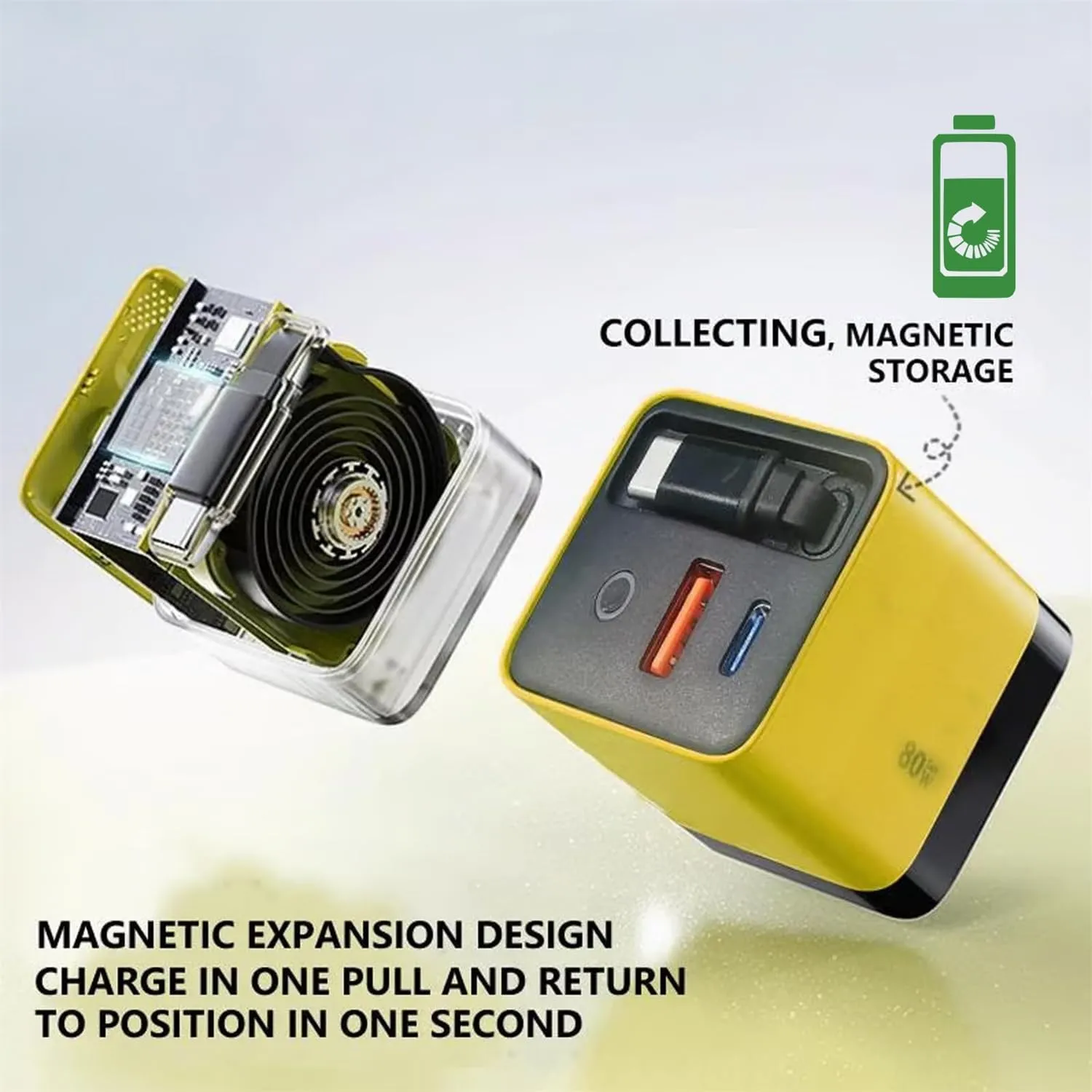 3 in 1 Charger, Scalable 80w Max Fast Charger Module with Type C Cable and 2 USB Ports, Retractable Chargers Wall Plug for Phone, Laptops (Yellow   Green)