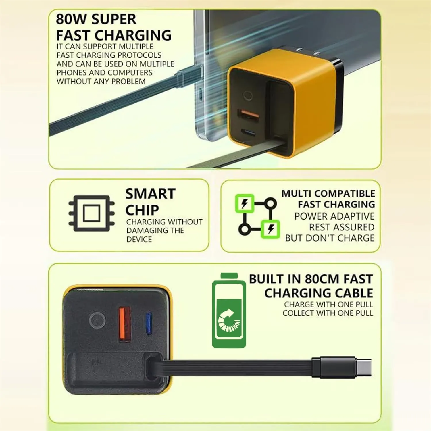 3 in 1 Charger, Scalable 80w Max Fast Charger Module with Type C Cable and 2 USB Ports, Retractable Chargers Wall Plug for Phone, Laptops (Yellow   Green)