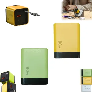 3 in 1 Charger, Scalable 80w Max Fast Charger Module with Type C Cable and 2 USB Ports, Retractable Chargers Wall Plug for Phone, Laptops (Yellow   Green)