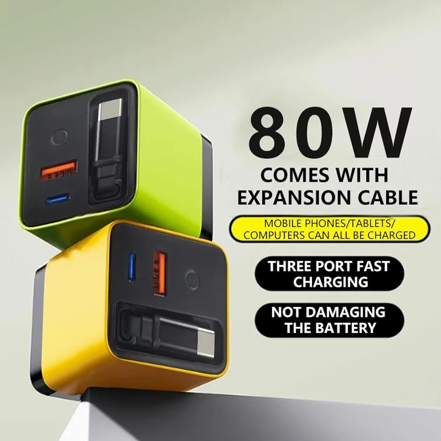 3 in 1 GaN Charger, Repertoireof Scalable 80W MAX Fast Charger Module with Type-C Cable and 2 USB Ports, Cell Phone Tablet Chargers & Power adapters, Retractable Phone Charger Wall Plug (Yellow)