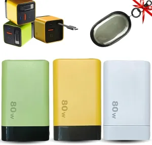 3 in 1 GaN Charger, Repertoireof Scalable 80W MAX Fast Charger Module with Type-C Cable and 2 USB Ports, Cell Phone Tablet Chargers & Power adapters, Retractable Phone Charger Wall Plug (Yellow)