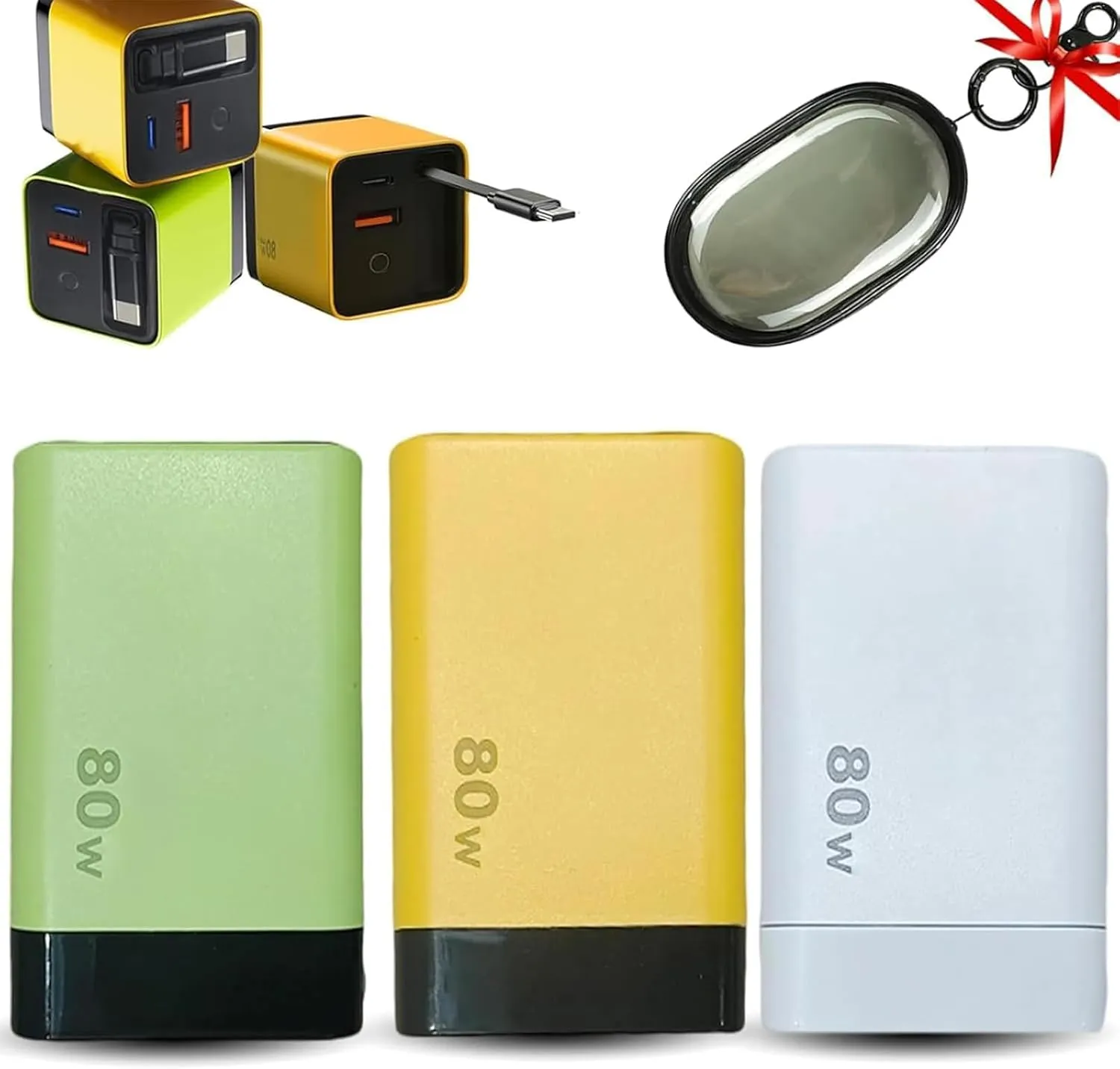 3 in 1 GaN Charger, Repertoireof Scalable 80W MAX Fast Charger Module with Type-C Cable and 2 USB Ports, Cell Phone Tablet Chargers & Power adapters, Retractable Phone Charger Wall Plug (Yellow)