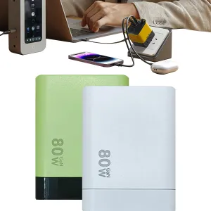3 in 1 GaN Charger, Scalable 80W MAX Fast Charger Module with Type-C Cable and 2 USB Ports, Retractable Phone Charger Wall Plug for Phones, Tablets, Laptops (White Green)