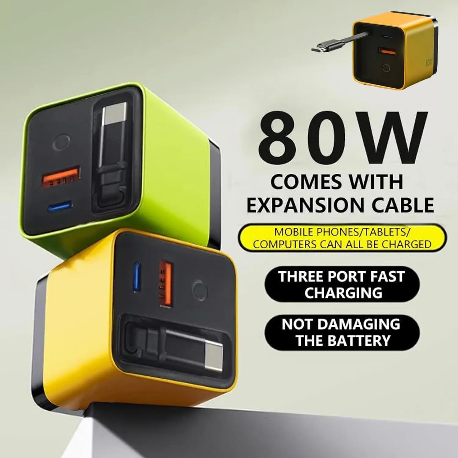 3 in 1 GaN Charger, Scalable 80W MAX Fast Charger Module with Type-C Cable and 2 USB Ports, Retractable Phone Charger Wall Plug for Phones, Tablets, Laptops (White Green)