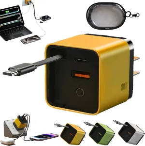 3 in 1 GaN Charger, Scalable 80W MAX Fast Charger Module with Type-C Cable and 2 USB Ports, Retractable Phone Charger Wall Plug, Type C Cable and 2 USB Ports for iPhone, Phone, Laptops (Yellow)