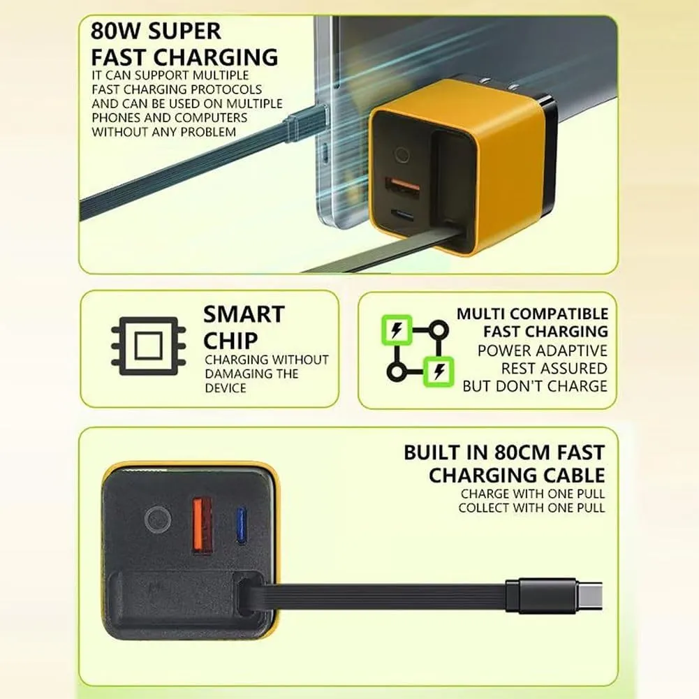 3 in 1 GaN Charger, Scalable 80w Max Fast Charger Module with Type-C Cable and 2 USB Ports, Retractable Phone Charger Wall Plug with Fast Charging Cable, for iPhone, Phone, Laptops(2pcs-c)