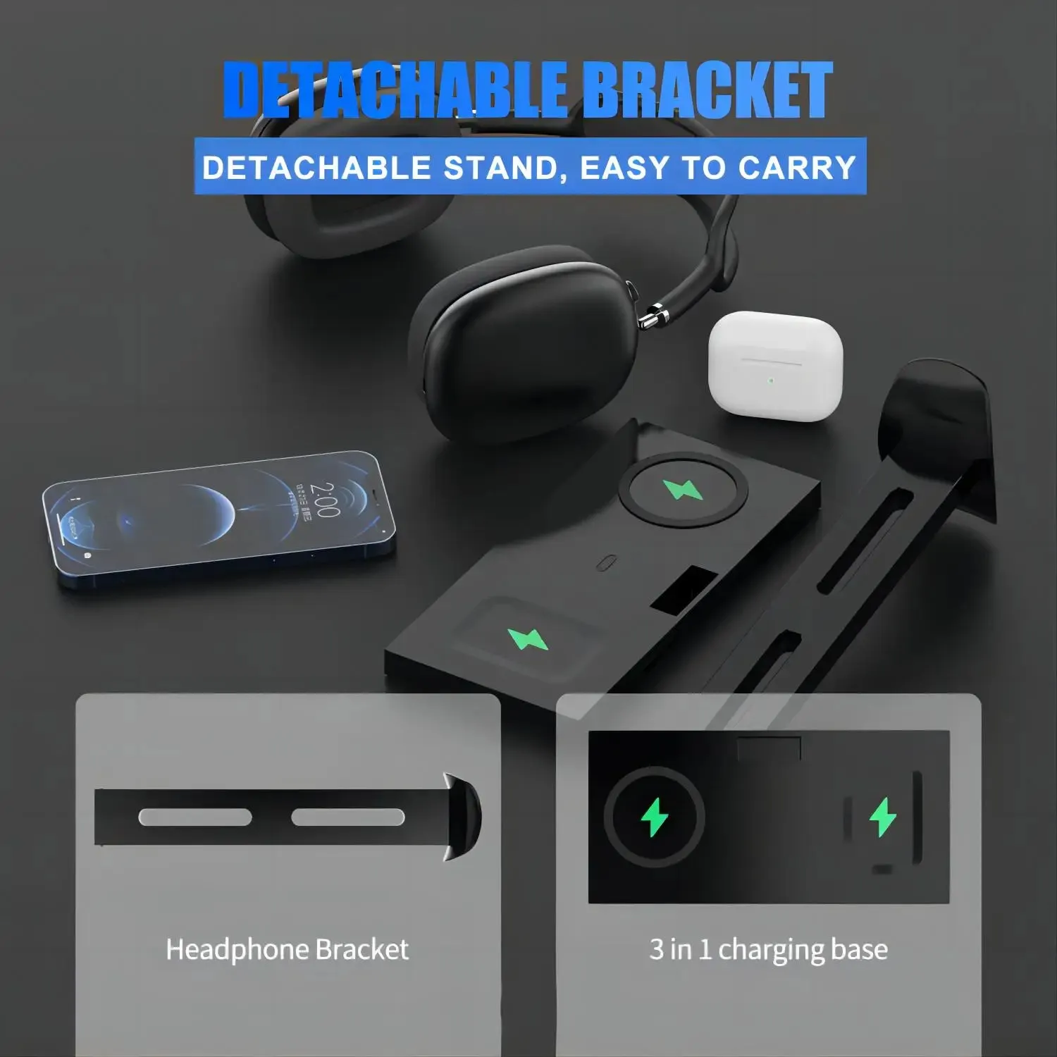 3-in-1 Headphone Stand & 15W Wireless Charger for iPhone, AirPods, iWatch