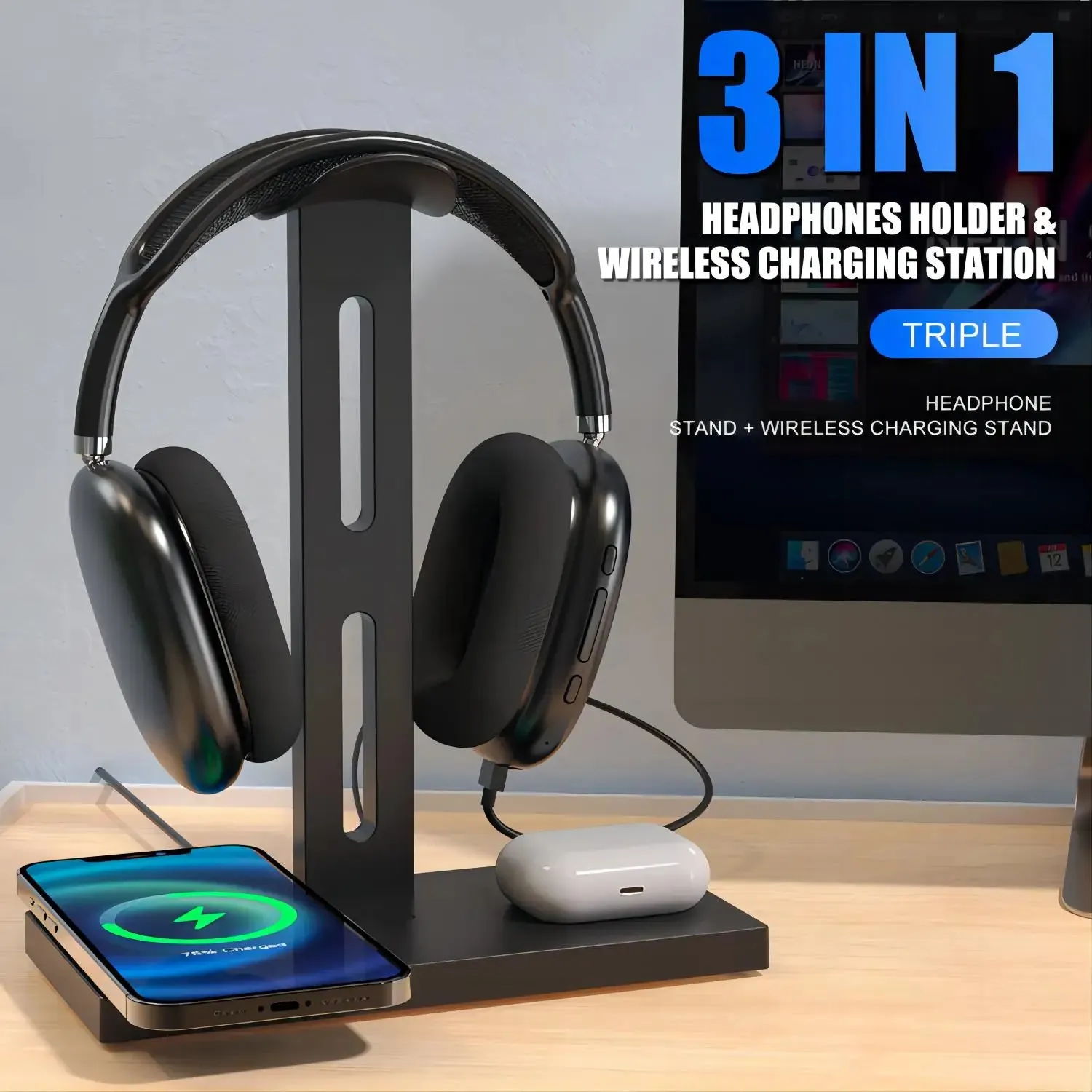3-in-1 Headphone Stand & 15W Wireless Charger for iPhone, AirPods, iWatch