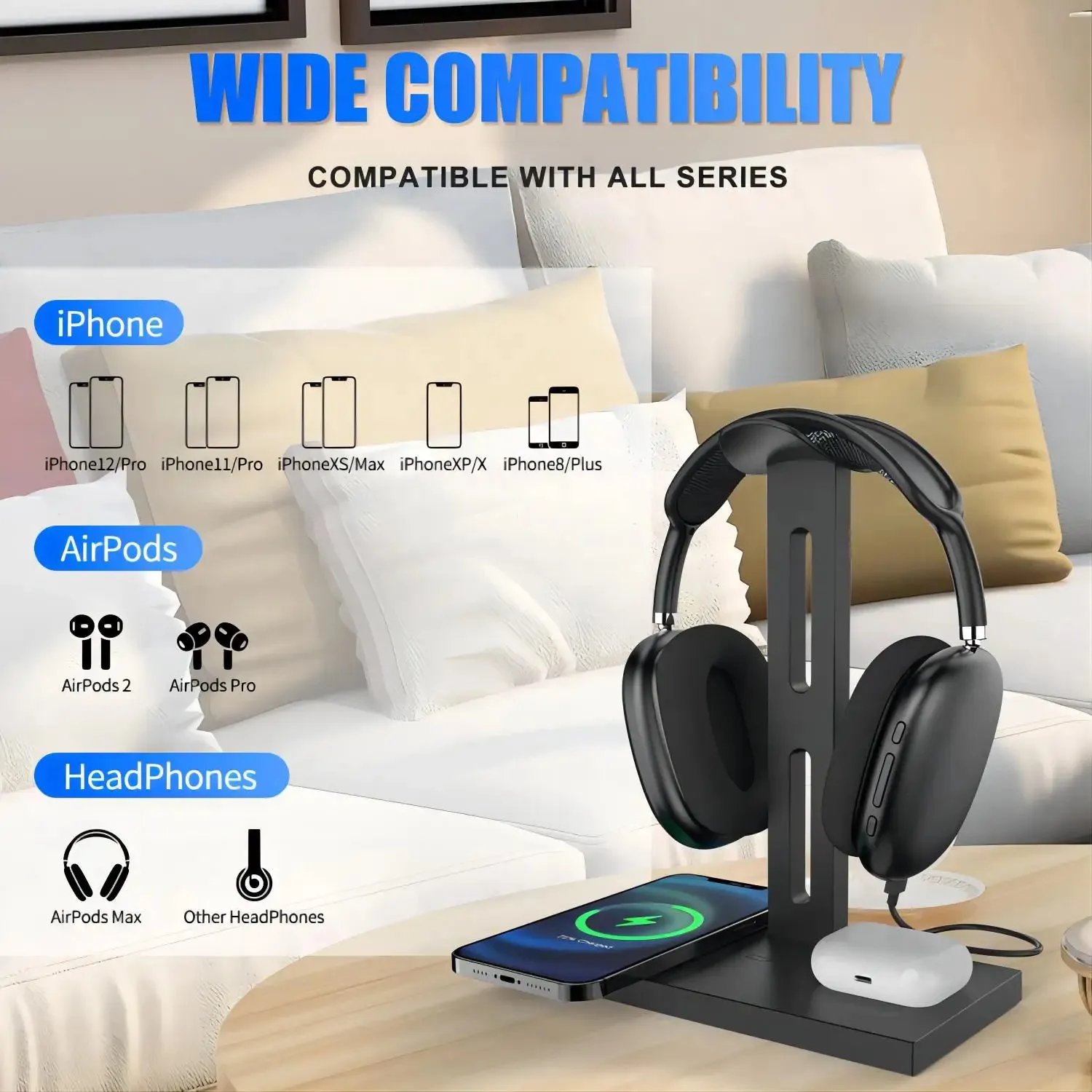 3-in-1 Headphone Stand & 15W Wireless Charger for iPhone, AirPods, iWatch