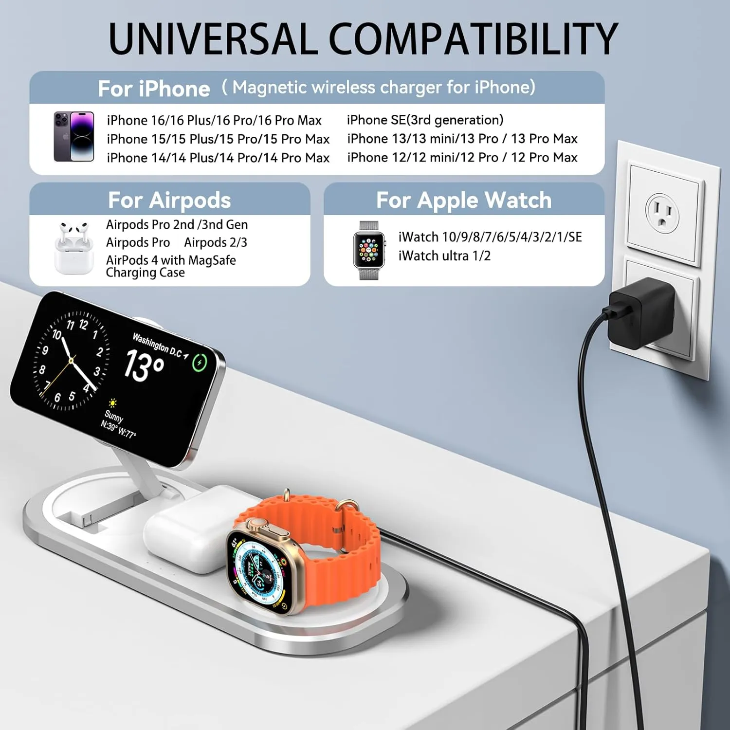 3 in 1 Wireless Charger for iPhone, Foldable Charging Station for Magsafe for iPhone 16/15/14/13/12/Pro Max/Pro/Mini/Plus, Apple Watch 10/9/8/7/SE/6/5/4/3/2/1/Ultra2/Ultra, AirPods pro/2/3/4 (Silver)