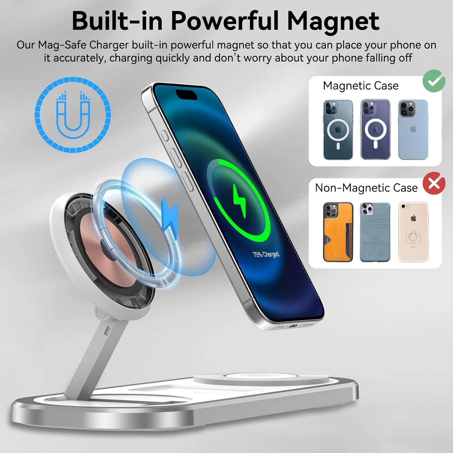 3 in 1 Wireless Charger for iPhone, Foldable Charging Station for Magsafe for iPhone 16/15/14/13/12/Pro Max/Pro/Mini/Plus, Apple Watch 10/9/8/7/SE/6/5/4/3/2/1/Ultra2/Ultra, AirPods pro/2/3/4 (Silver)