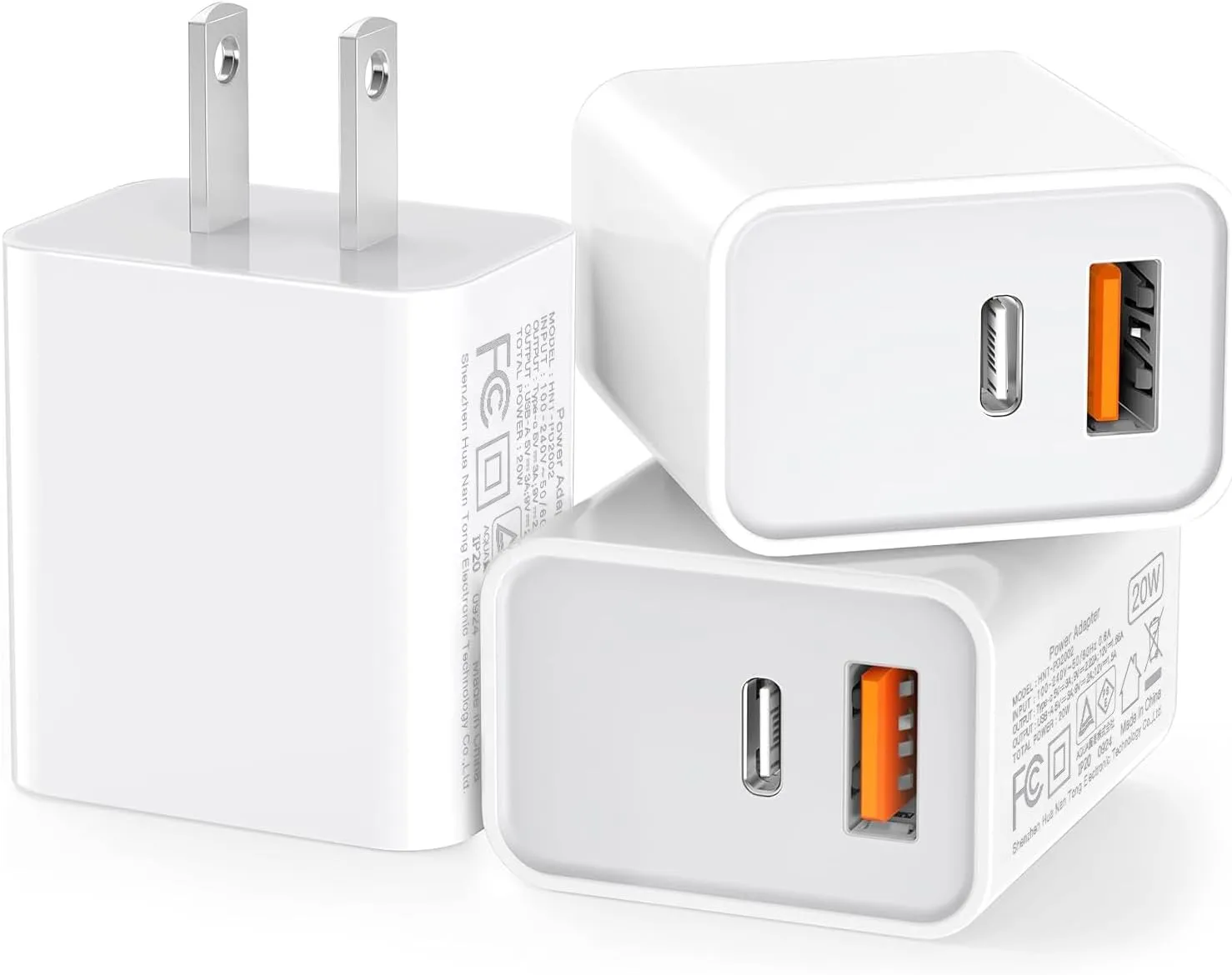 3 Pack USB C Wall Charger, 20W Durable Dual Port QC PD 3.0 Power Adapter, Double Fast Plug Charging Block for iPhone 13/14/15/16/16 Pro/Pro Max/Plus, XS/XR/X, Watch Series 8/7 Cube，White