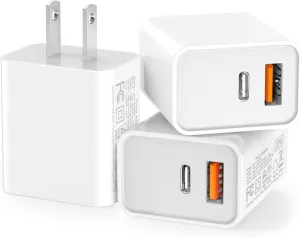 3 Pack USB C Wall Charger, 20W Durable Dual Port QC PD 3.0 Power Adapter, Double Fast Plug Charging Block for iPhone 13/14/15/16/16 Pro/Pro Max/Plus, XS/XR/X, Watch Series 8/7 Cube，White