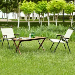 3-Piece Folding Outdoor Table with Two Chairs, Lightweight Aluminum Roll-Up Set for Camping, Picnics, and BBQ, Brown/Beige