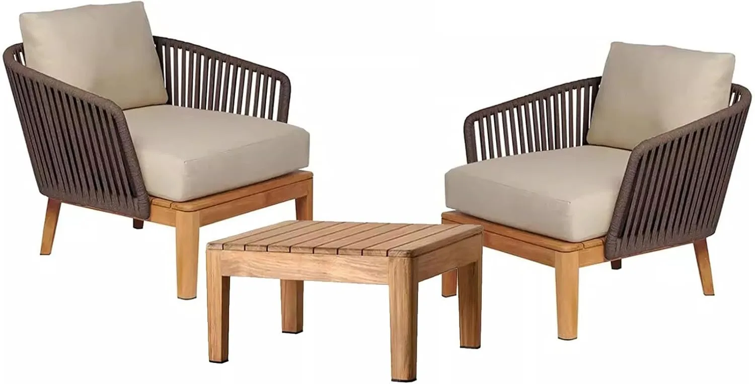 3 Pieces Outdoor Patio Furniture Sets, with 2 Chairs and Wood Table, Outdoor Conversation Furniture Set for Outdoor Deck Yard Porch