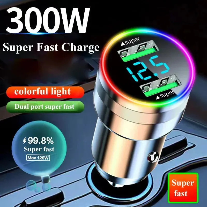 300W Dual Port USB Car Charger with LED Voltage Monitor