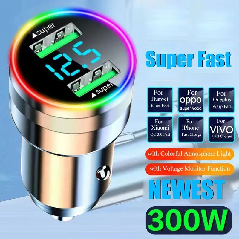 300W Dual Port USB Car Charger with LED Voltage Monitor