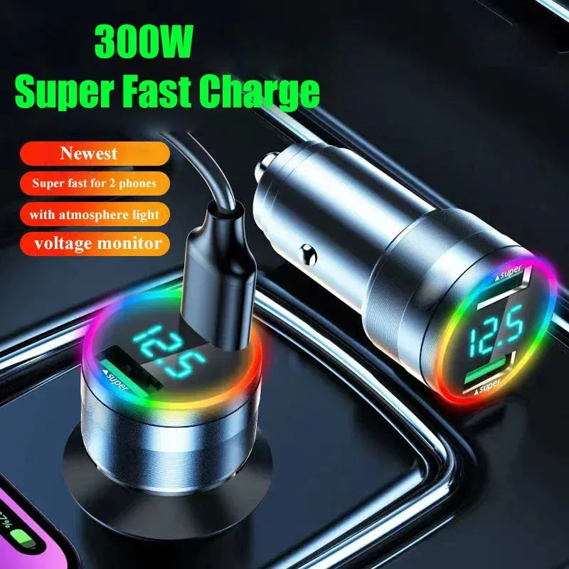300W Dual Port USB Car Charger with LED Voltage Monitor
