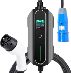 32A Electric Car EV Charger Type 2 7KW 1 Phase CEE IEC 62196-2 Mennekes Home Portable Charging Station 5M Cable for Vehicles(White)