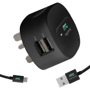 3.4A DUAL USB TRAVEL CHARGER WITH TYPE C CABLE 1M BLACK