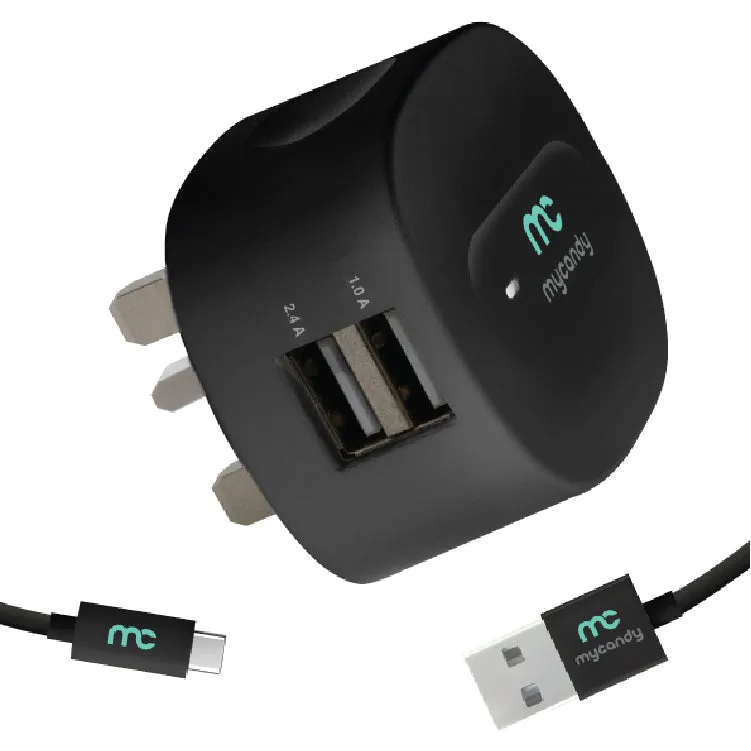 3.4A DUAL USB TRAVEL CHARGER WITH TYPE C CABLE 1M BLACK