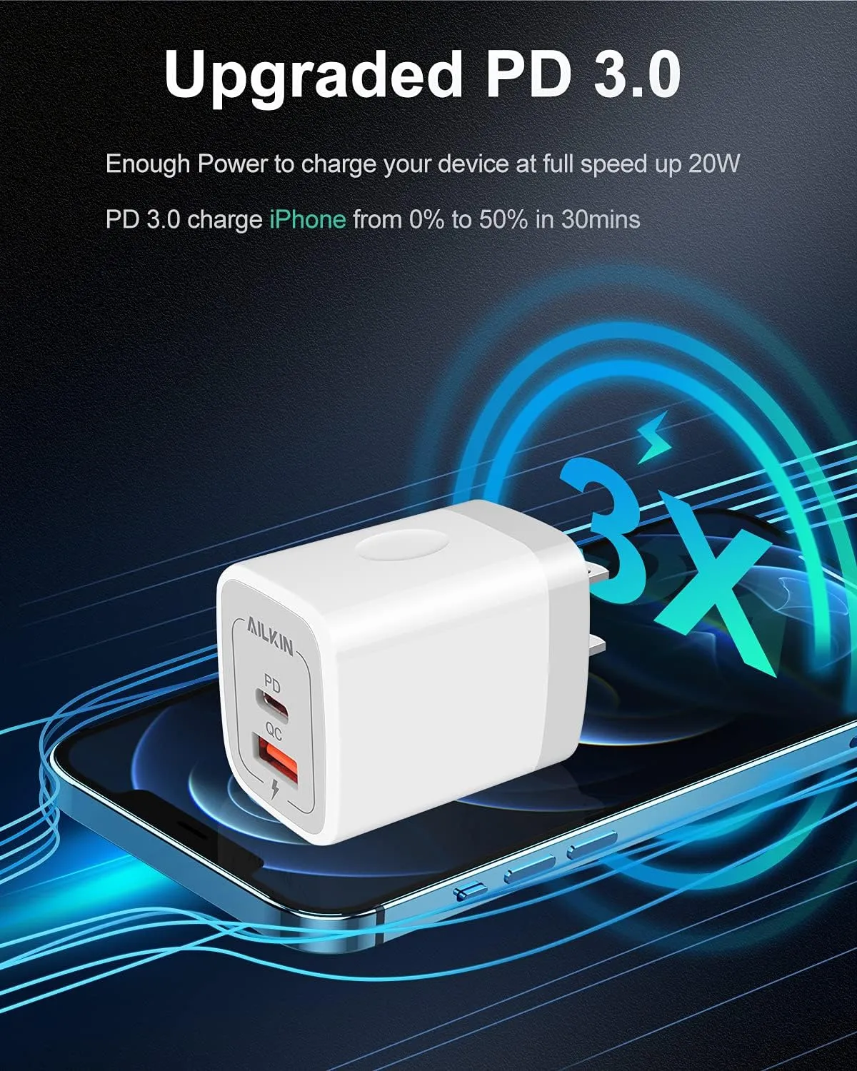 3Pack Dual Port USB-C Wall Plug-in USBC Charger, AILKIN 20W Power Delivery   QC3.0 USB A Double Port Fast Charging Block for iPhone 15 14 13 12 Pro Max 14 Pro 12 Mini 16Pro Max 16 Plus 16E X XS Cube
