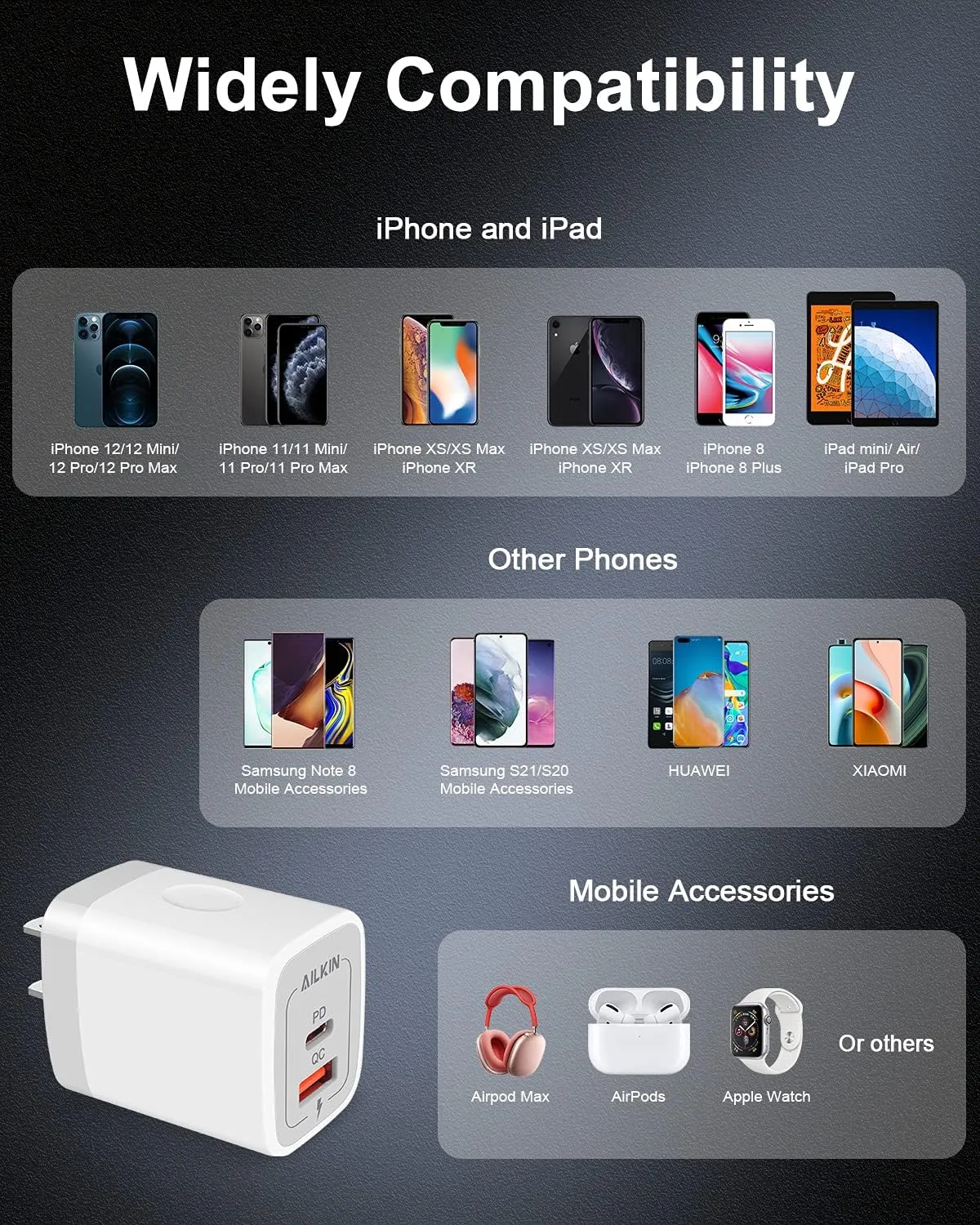 3Pack Dual Port USB-C Wall Plug-in USBC Charger, AILKIN 20W Power Delivery   QC3.0 USB A Double Port Fast Charging Block for iPhone 15 14 13 12 Pro Max 14 Pro 12 Mini 16Pro Max 16 Plus 16E X XS Cube