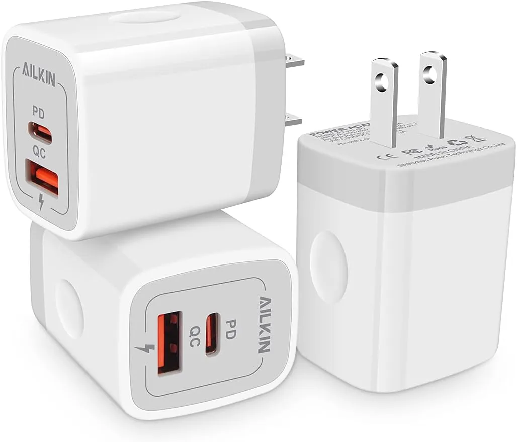 3Pack Dual Port USB-C Wall Plug-in USBC Charger, AILKIN 20W Power Delivery   QC3.0 USB A Double Port Fast Charging Block for iPhone 15 14 13 12 Pro Max 14 Pro 12 Mini 16Pro Max 16 Plus 16E X XS Cube
