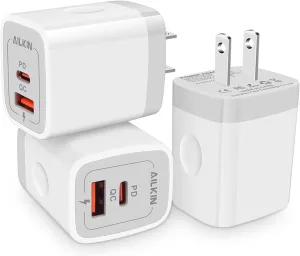 3Pack Dual Port USB-C Wall Plug-in USBC Charger, AILKIN 20W Power Delivery   QC3.0 USB A Double Port Fast Charging Block for iPhone 15 14 13 12 Pro Max 14 Pro 12 Mini 16Pro Max 16 Plus 16E X XS Cube