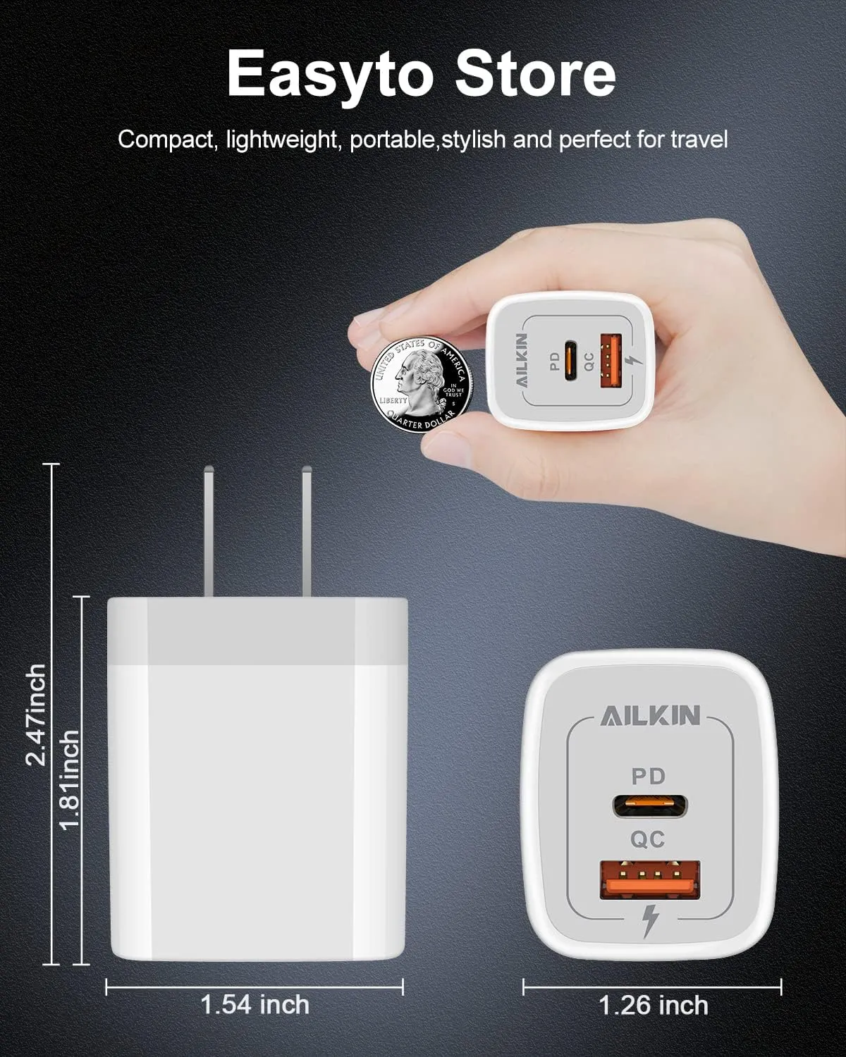 3Pack Dual Port USB-C Wall Plug-in USBC Charger, AILKIN 20W Power Delivery   QC3.0 USB A Double Port Fast Charging Block for iPhone 15 14 13 12 Pro Max 14 Pro 12 Mini 16Pro Max 16 Plus 16E X XS Cube