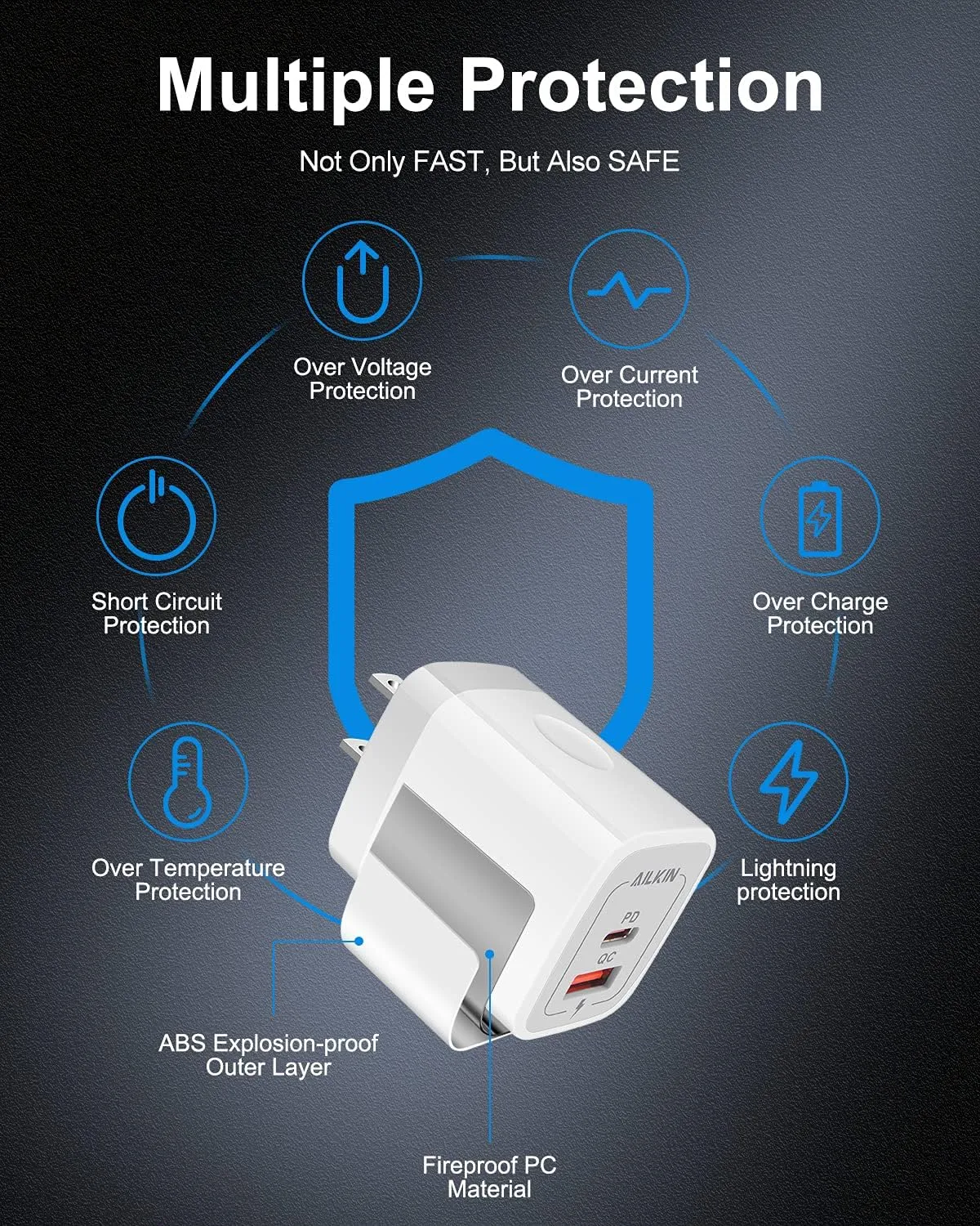3Pack Dual Port USB-C Wall Plug-in USBC Charger, AILKIN 20W Power Delivery   QC3.0 USB A Double Port Fast Charging Block for iPhone 15 14 13 12 Pro Max 14 Pro 12 Mini 16Pro Max 16 Plus 16E X XS Cube