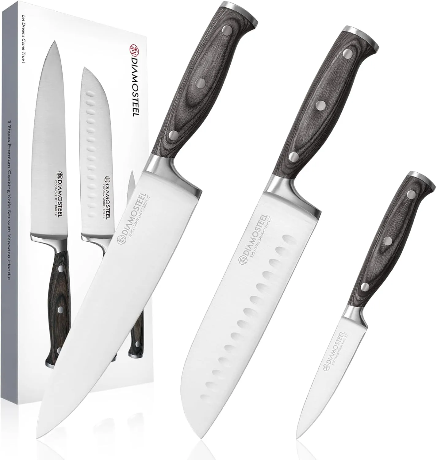 3PCS Knives Set for Kitchen, Include Chef & Santoku & Paring Knife, Professional Cooking Knife Set with Ergonomic Pakkawood Handle Elegant Present Box Dishwasher Safe Knife