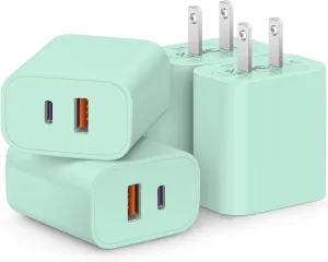 [4 Pack] USB C Charger Block Fast Charging Multiport Adpater [PD 20W USB-C & QC 3.0 USB-A Port] for i Phone 16/15/14/13/12/11/X/8, i Pad, Sam Sung, Google, Galaxy & More [Green]