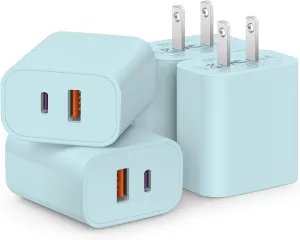 [4 Pack] USB C Charger Block Fast Charging Multiport Adpater [PD 20W USB-C & QC 3.0 USB-A Port] for IP 16/15/14/13/12/11/X/8, i Pad, Sam Sung, Google, Galaxy & More [Blue]