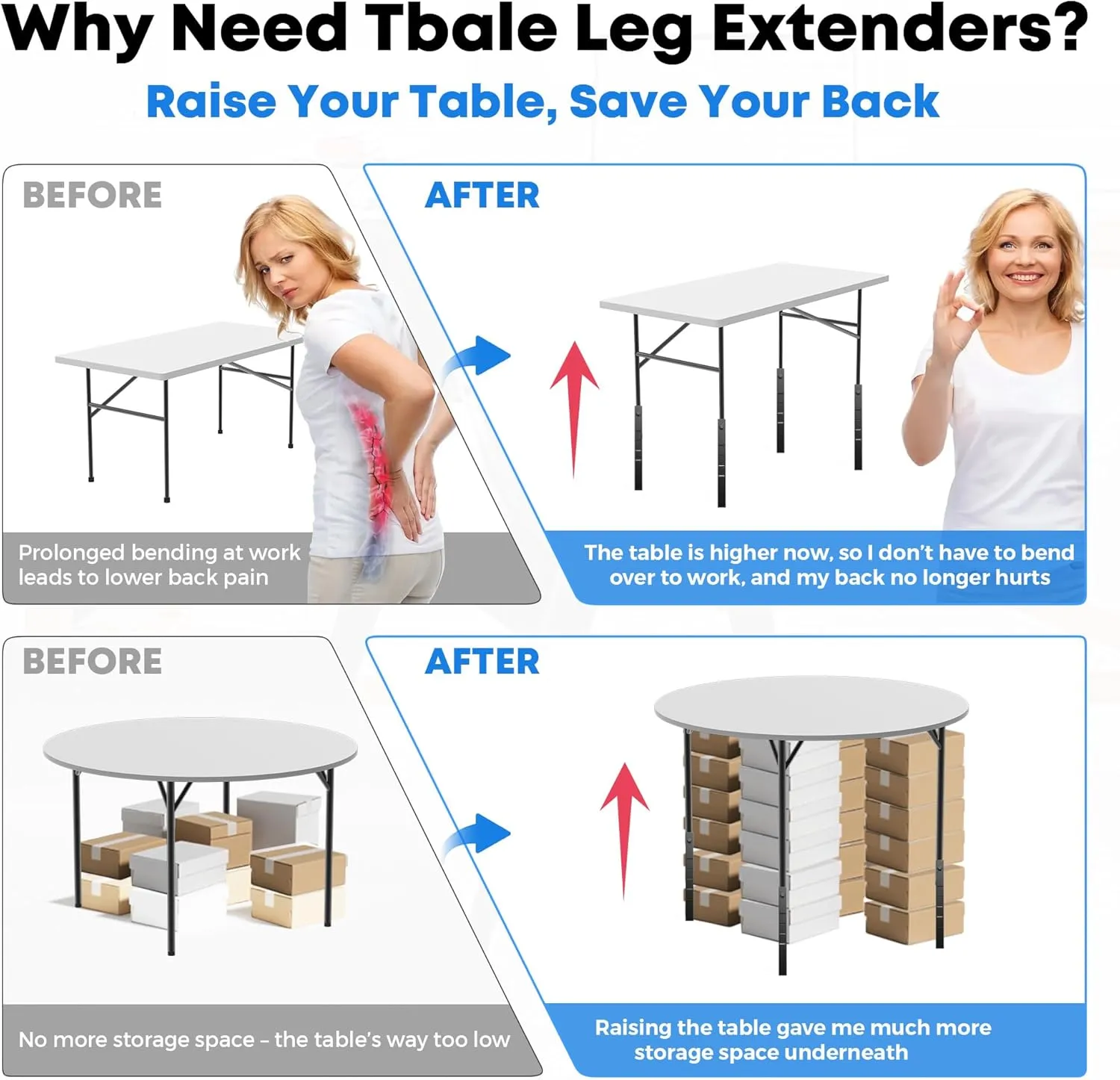 4 Pcs Folding Table Leg Extenders, Super-Strength Steel Table Leg Risers, Tables Height Extenders Lifts Risers, 5 Levels Adjustable Height Desk Leg Extensions Rise 4.3｜6.3｜8.3｜10.3｜12.2in