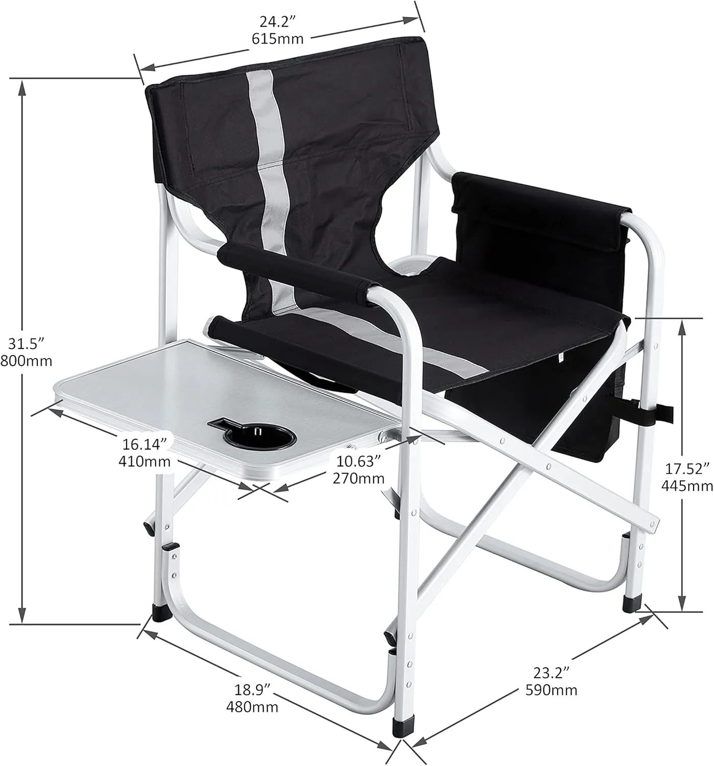 400LBS Folding Outdoor Chair with Side Table & Storage Pockets, Lightweight Aluminum Oversized Camping Chair for Fishing - Padded Seat/Armrests & Weather-Resistant Oxford Fabric (1, Black  Gray)